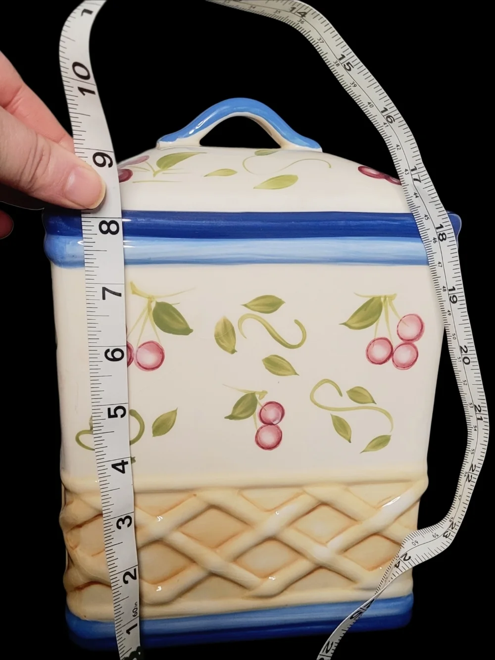 Vintage Insprado Hand Painted Ceramic Cherry Pattern Cookie Jar